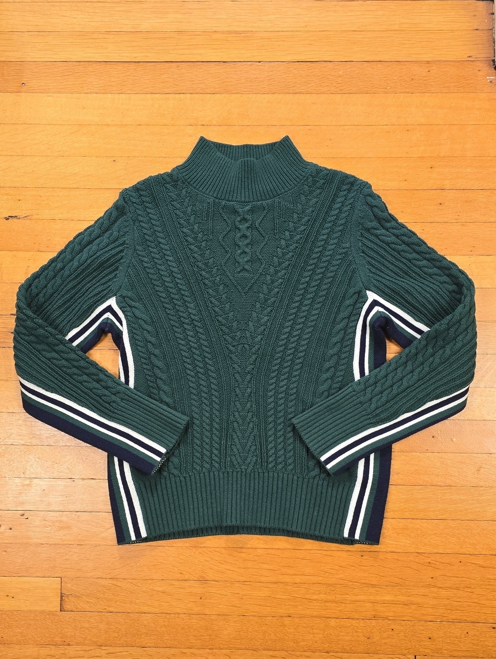 Halogen, Mixed Cable Knit Mock Neck Varsity Stripe Sweater, Green, EUC Women's M